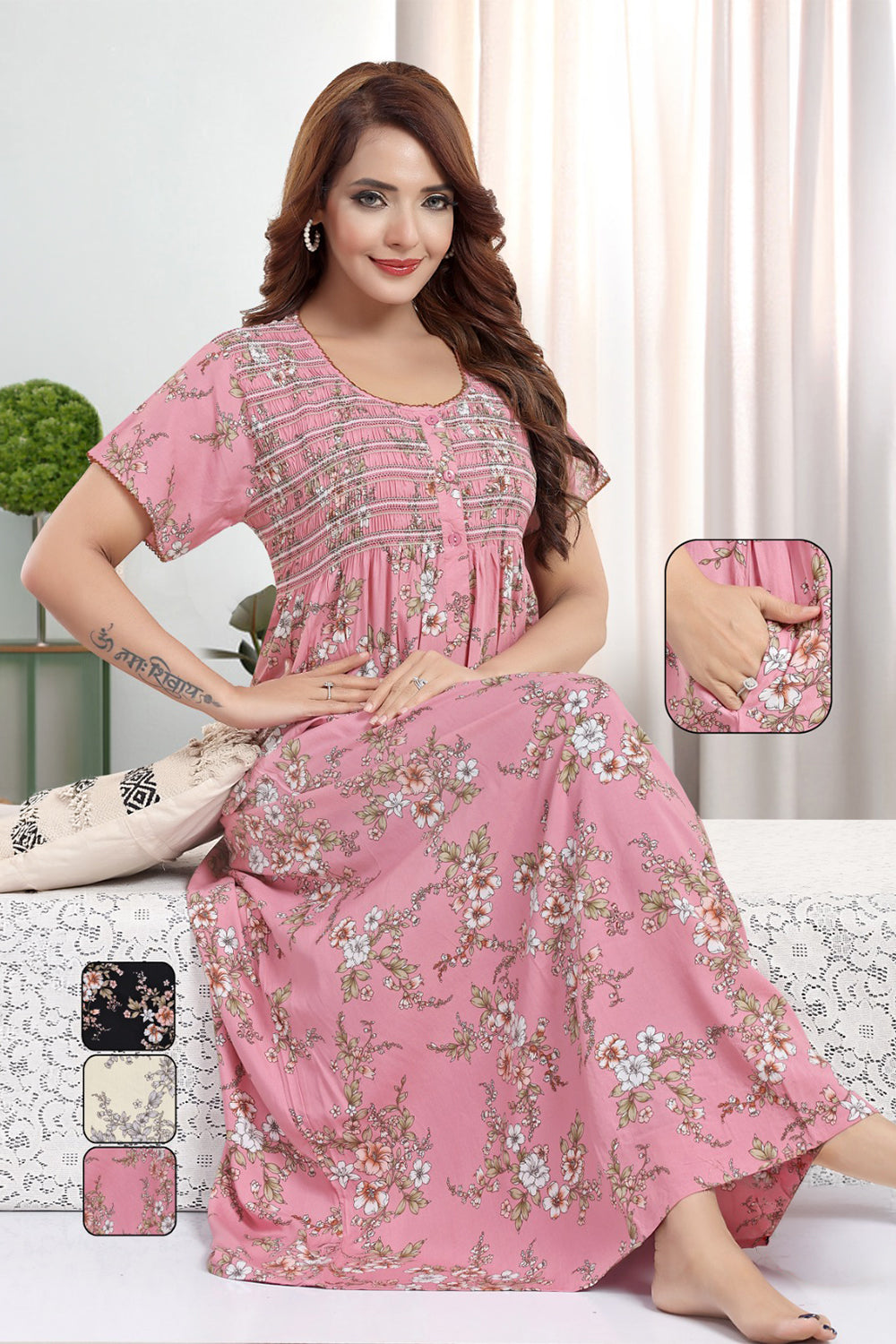 Women’s Rayon Prints Pleated Nighty | Full Length Round Neck Night Dress with Short Sleeve | Relax Fit Sleepwear, Home Wear & Loungewear