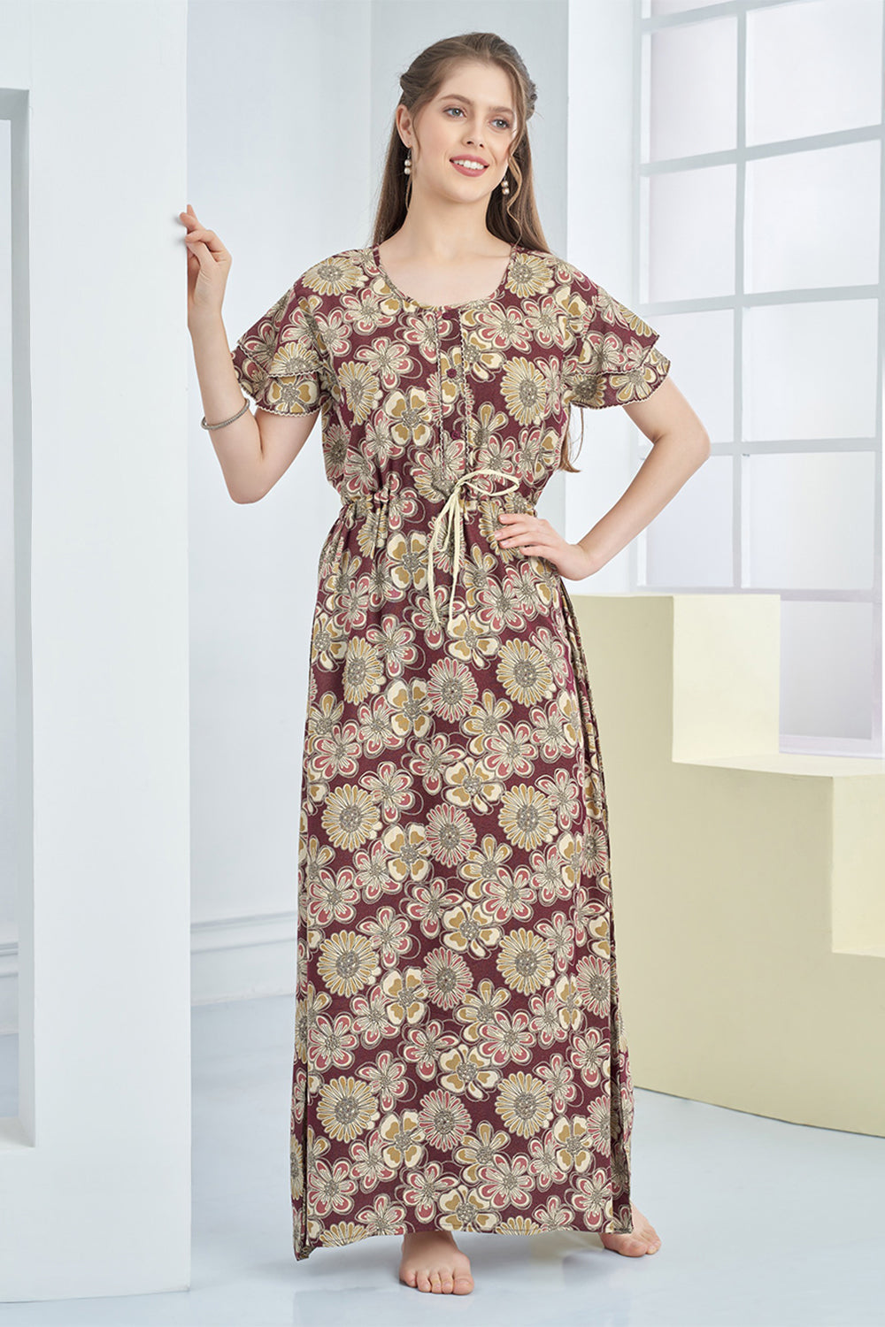 Women’s Cotton Blend Printed Nighty | Full Length A-Line Night Dress with Round Neck & Short Sleeves | Regular Fit Daily Wear Sleepwear & Loungewear - 2312