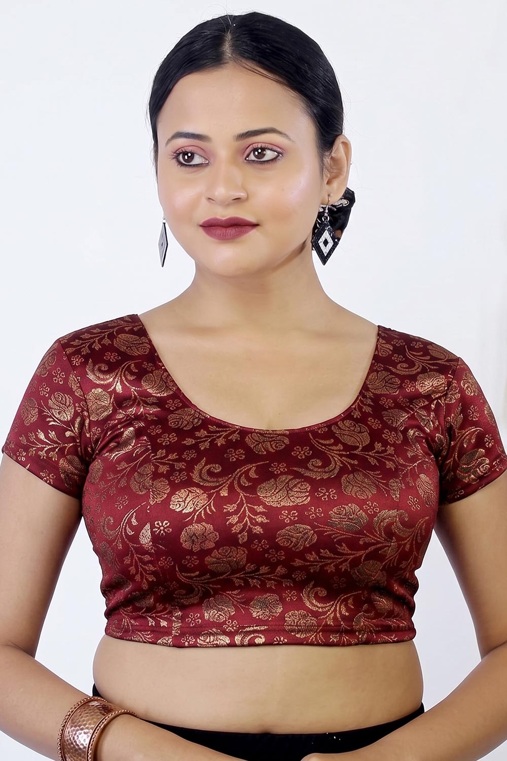 Women's Readymade Stretchable Princess Cut Saree Blouse – Printed Round Neck Ethnic Blouse - 2358