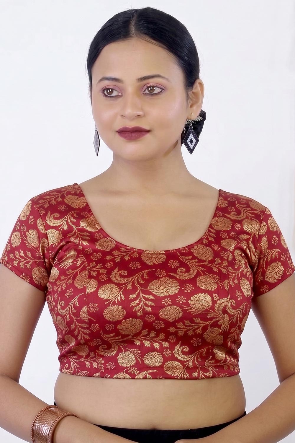 Women's Readymade Stretchable Princess Cut Saree Blouse – Printed Round Neck Ethnic Blouse - 2358