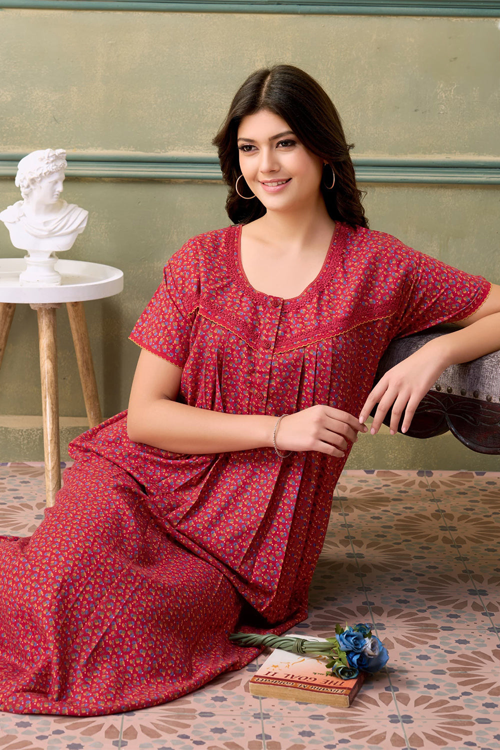Women's Bizzy Lizzy Poly Viscose Printed Nighty | Round Neck Short Sleeve Full Length Night Gown for Women | Relax Fit Premium Sleepwear - 2392