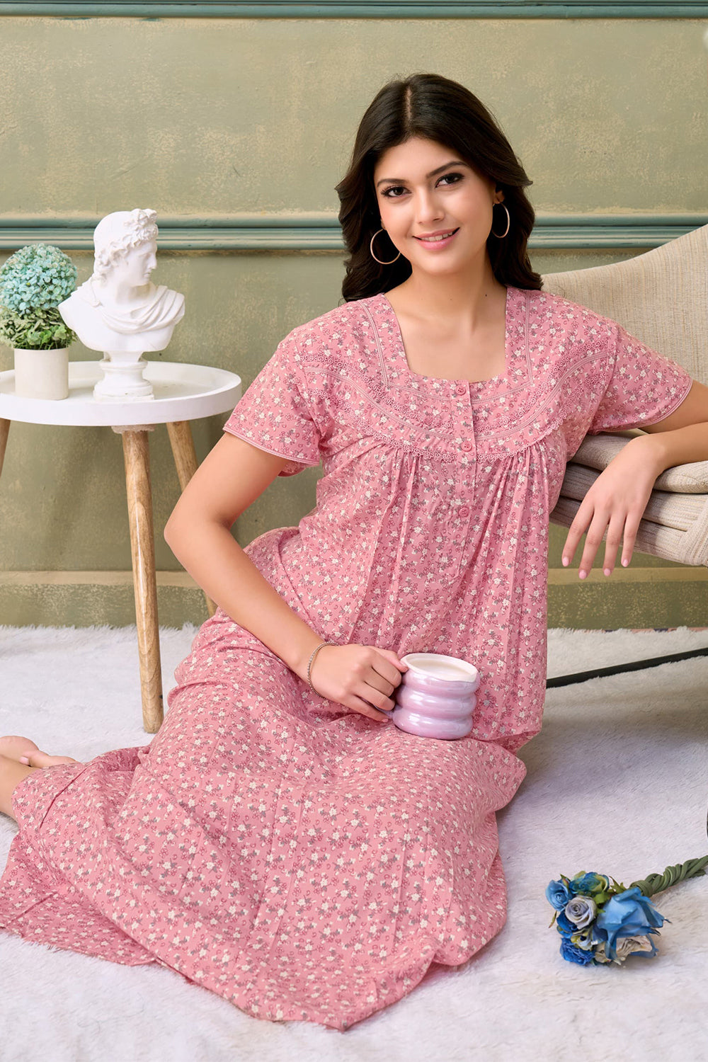 Women's Bizzy Lizzy Poly Viscose Printed Nighty | Round Neck Short Sleeve Full Length Night Gown for Women | Relax Fit Premium Sleepwear - 2393