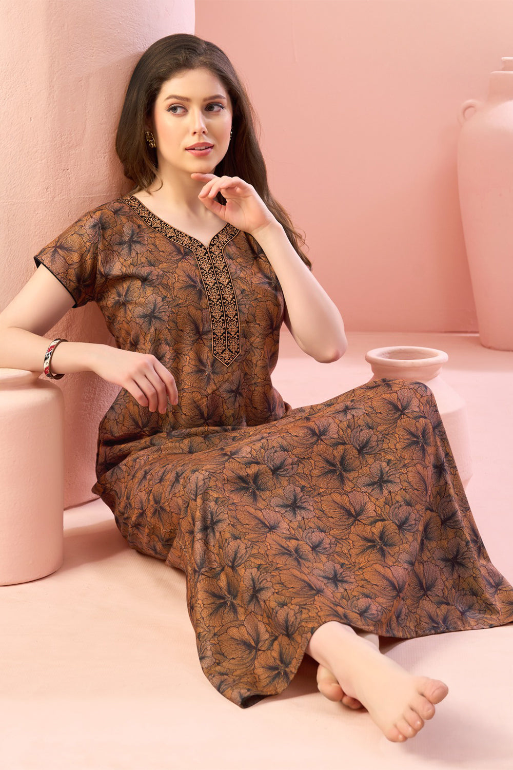 Women’s Cotton Blend Printed Nighty | Full Length A-Line Night Dress with Round Neck & Short Sleeves | Regular Fit Daily Wear Sleepwear & Loungewear - 2424