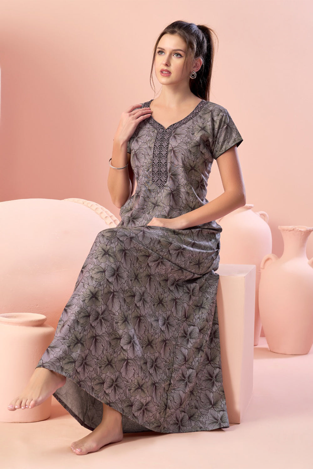 Women’s Cotton Blend Printed Nighty | Full Length A-Line Night Dress with Round Neck & Short Sleeves | Regular Fit Daily Wear Sleepwear & Loungewear - 2424