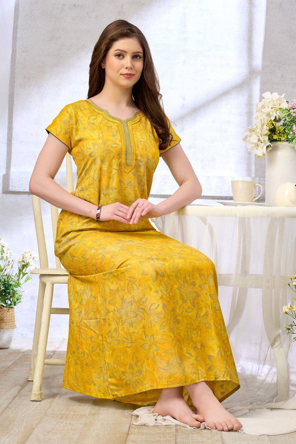Women’s Cotton Blend Printed Nighty | Full Length A-Line Night Dress with Round Neck & Short Sleeves | Regular Fit Daily Wear Sleepwear & Loungewear - 2427