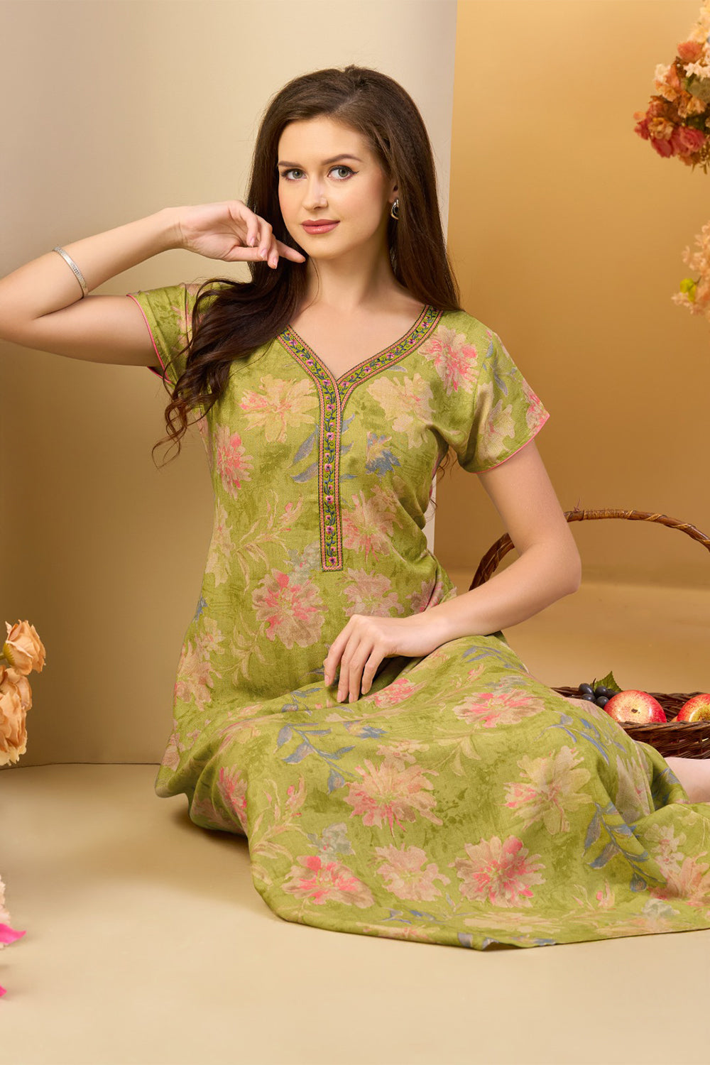 Women’s Cotton Blend Printed Nighty | Full Length A-Line Night Dress with Round Neck & Short Sleeves | Regular Fit Daily Wear Sleepwear & Loungewear - 2431