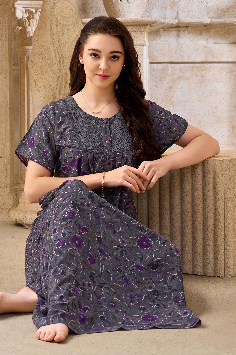 Women's Bizzy Lizzy Poly Viscose Printed Nighty | Round Neck Short Sleeve Full Length Night Gown for Women | Relax Fit Premium Sleepwear - 2459