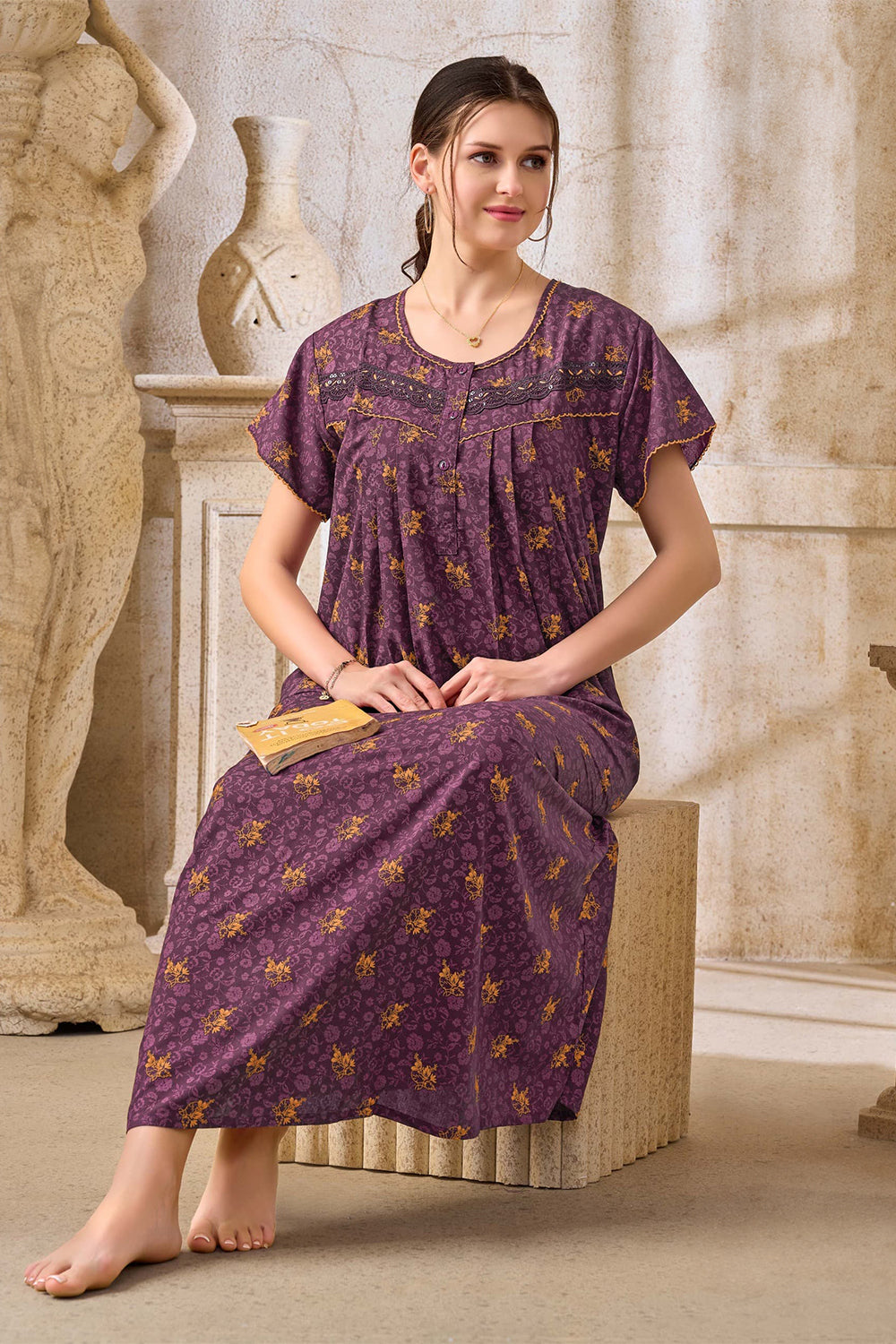 Women's Bizzy Lizzy Poly Viscose Printed Nighty | Round Neck Short Sleeve Full Length Night Gown for Women | Relax Fit Premium Sleepwear - 2465
