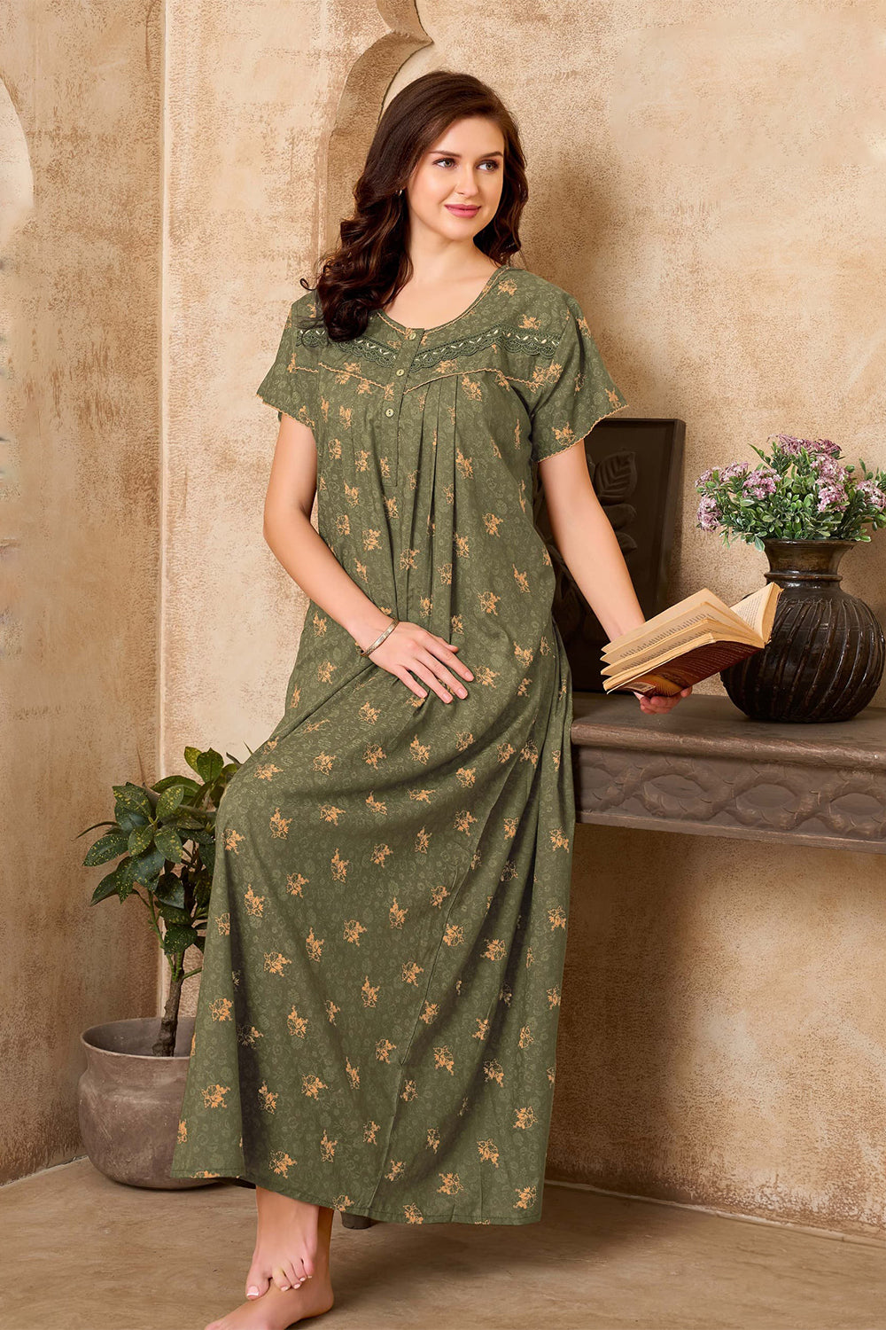 Women's Bizzy Lizzy Poly Viscose Printed Nighty | Round Neck Short Sleeve Full Length Night Gown for Women | Relax Fit Premium Sleepwear - 2465