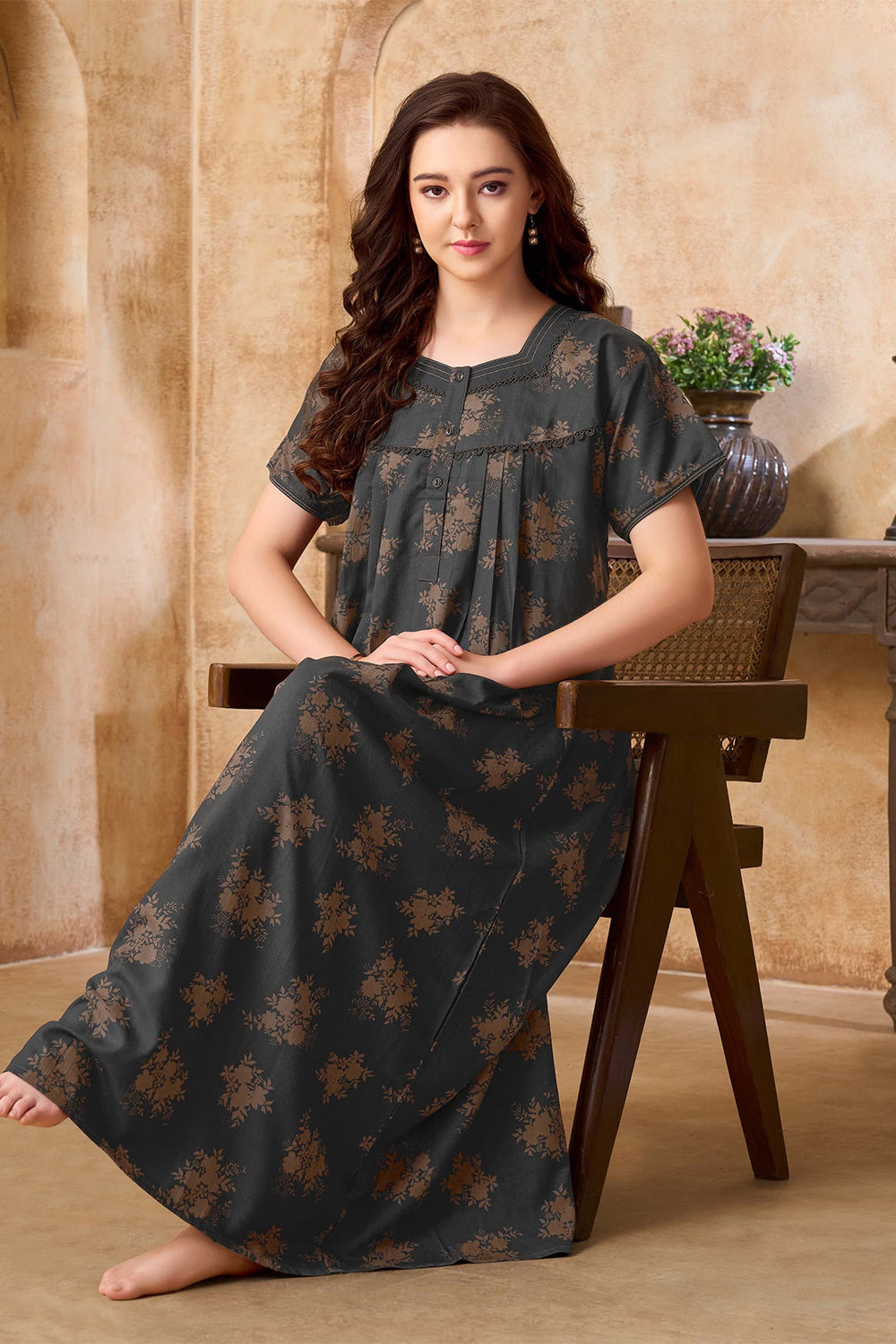 Women's Bizzy Lizzy Poly Viscose Printed Nighty | Round Neck Short Sleeve Full Length Night Gown for Women | Relax Fit Premium Sleepwear - 2468