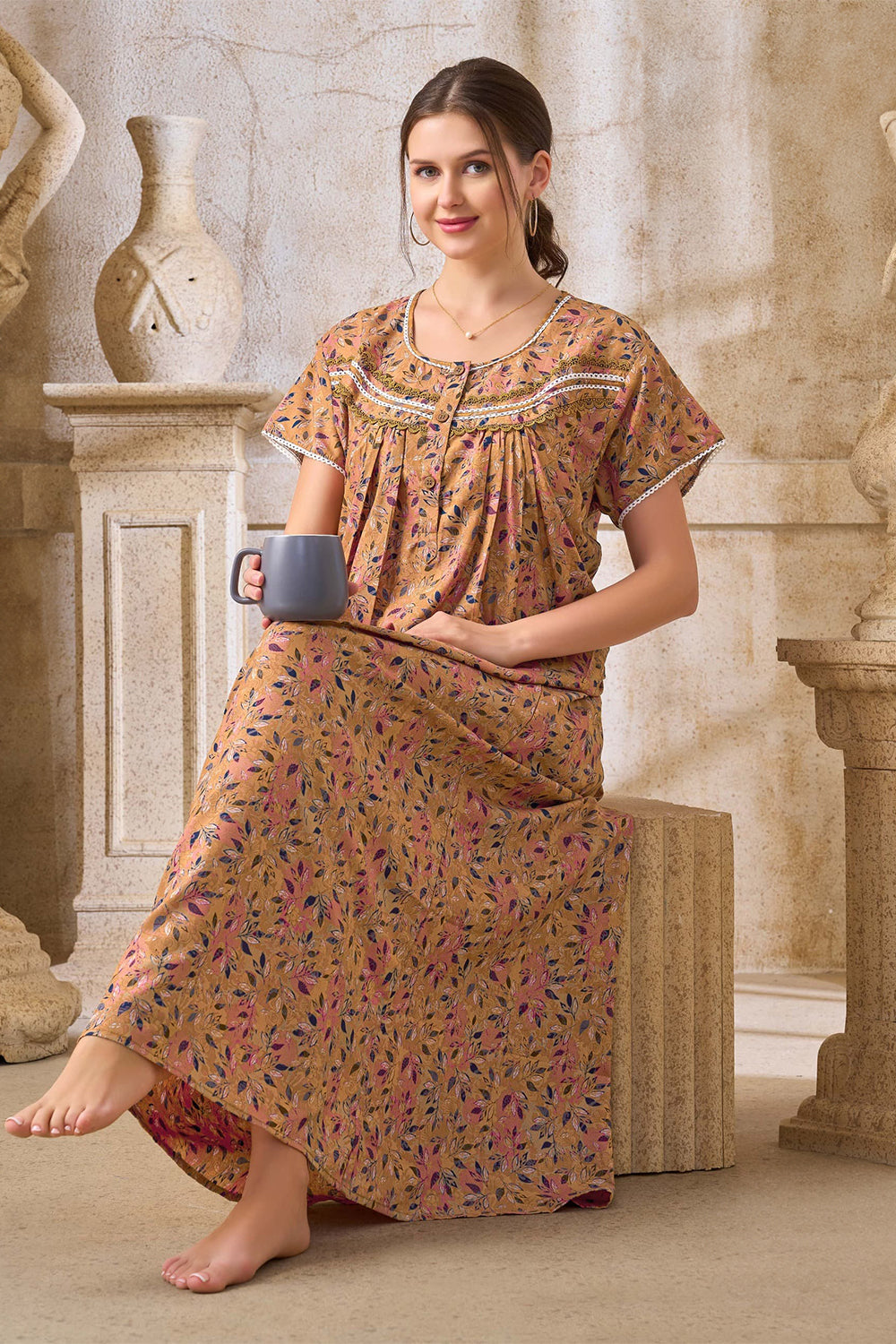 Women's Bizzy Lizzy Poly Viscose Printed Nighty | Round Neck Short Sleeve Full Length Night Gown for Women | Relax Fit Premium Sleepwear - 2470