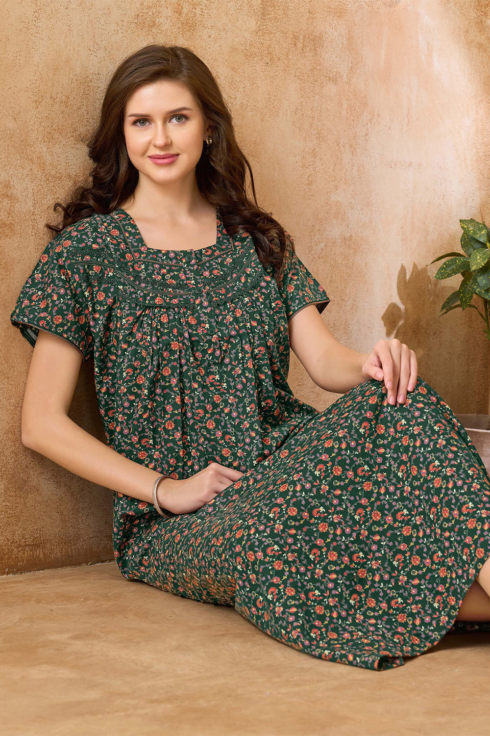 Women's Bizzy Lizzy Poly Viscose Printed Nighty | Round Neck Short Sleeve Full Length Night Gown for Women | Relax Fit Premium Sleepwear - 2471
