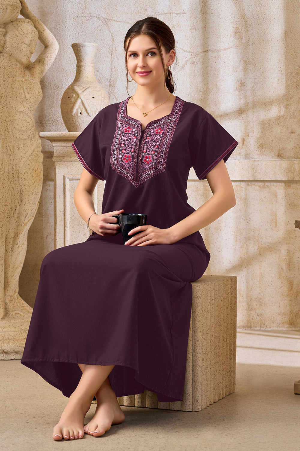 Women’s Poly Viscose Printed Nighty | Full Length A-Line Night Dress with Round Neck & Short Sleeves | Regular Fit Daily Wear Sleepwear & Loungewear - 2481