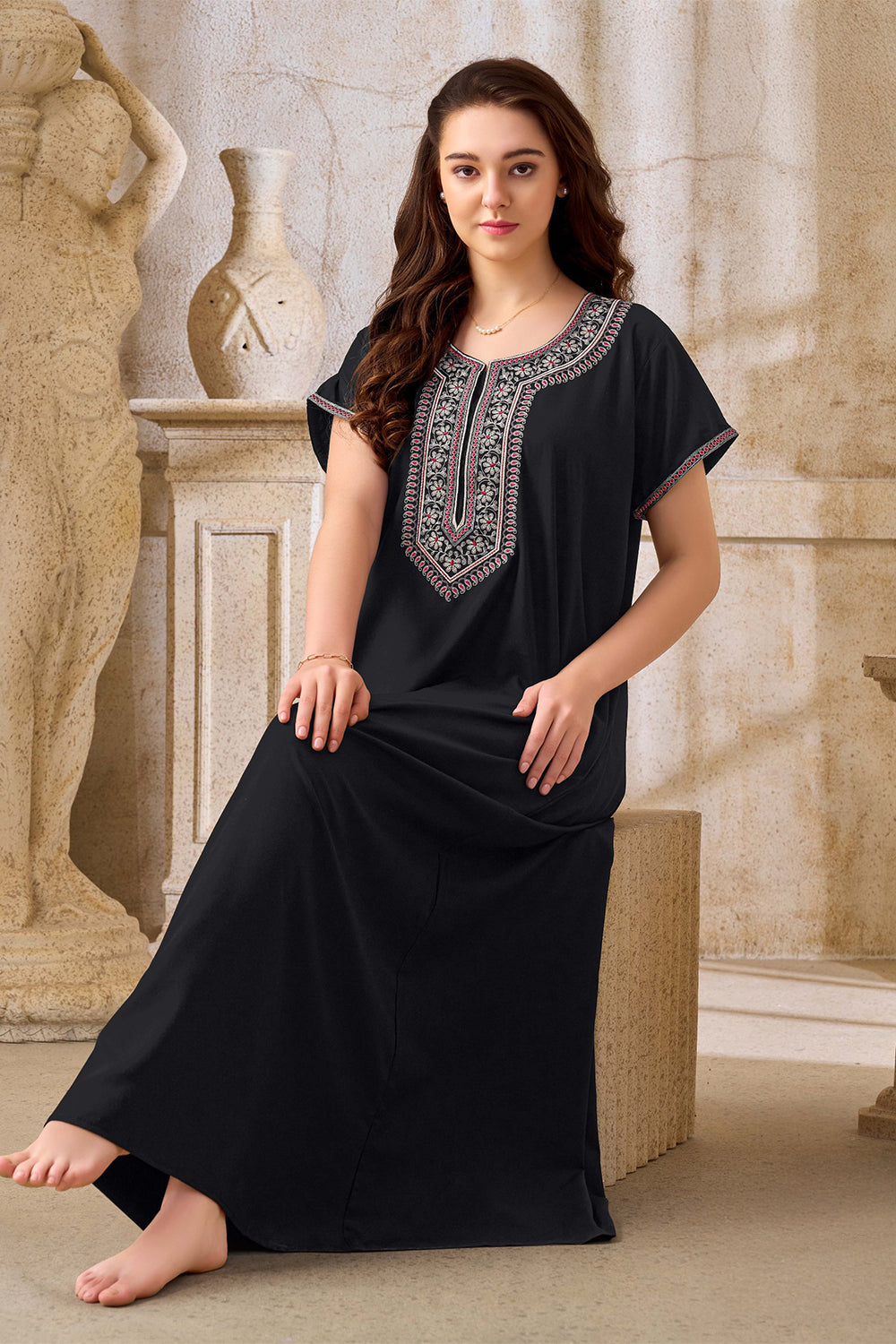 Women’s Poly Viscose Printed Nighty | Full Length A-Line Night Dress with Round Neck & Short Sleeves | Regular Fit Daily Wear Sleepwear & Loungewear - 2482