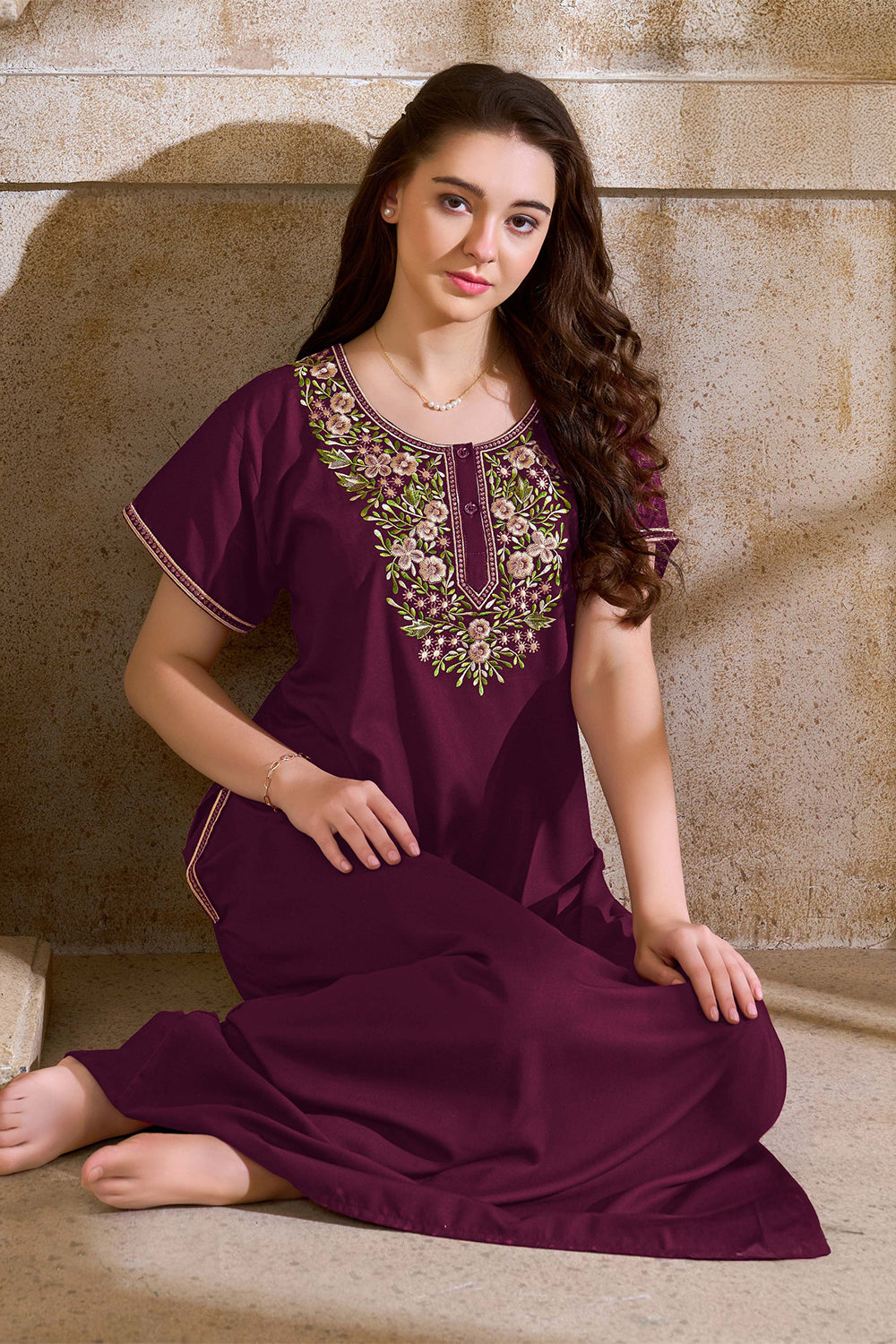 Women’s Poly Viscose Printed Nighty | Full Length A-Line Night Dress with Round Neck & Short Sleeves | Regular Fit Daily Wear Sleepwear & Loungewear - 2484