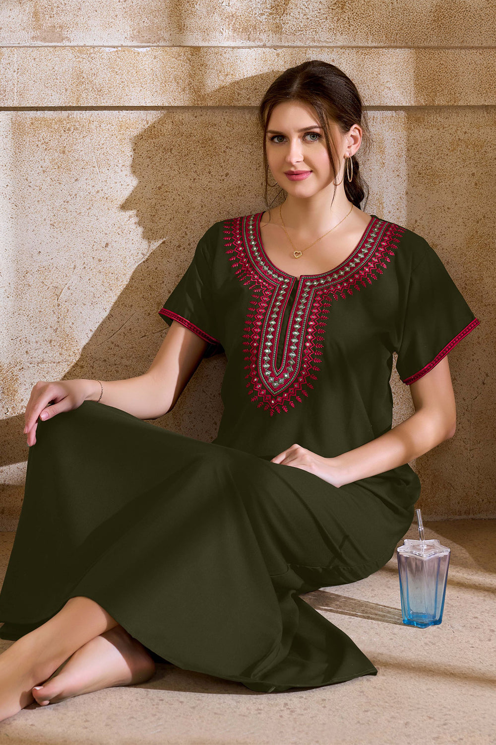 Women’s Poly Viscose Printed Nighty | Full Length A-Line Night Dress with Round Neck & Short Sleeves | Regular Fit Daily Wear Sleepwear & Loungewear - 2485