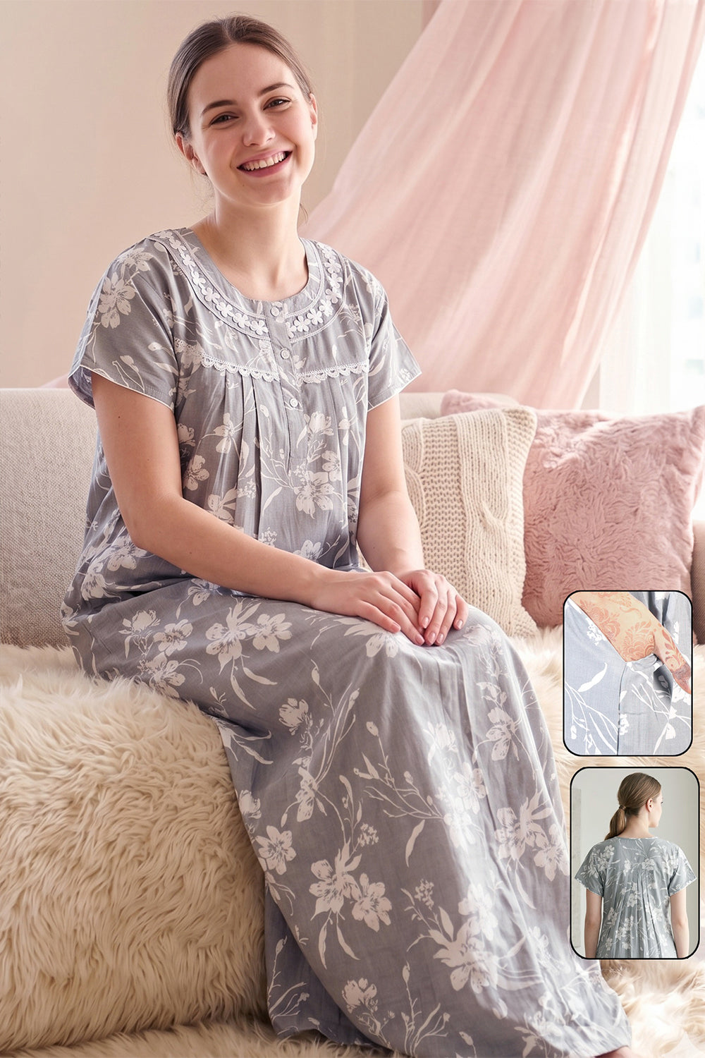 Women's Bizzy Lizzy Poly Viscose Printed Nighty | Round Neck Short Sleeve Full Length Night Gown for Women | Relax Fit Premium Sleepwear - 2486
