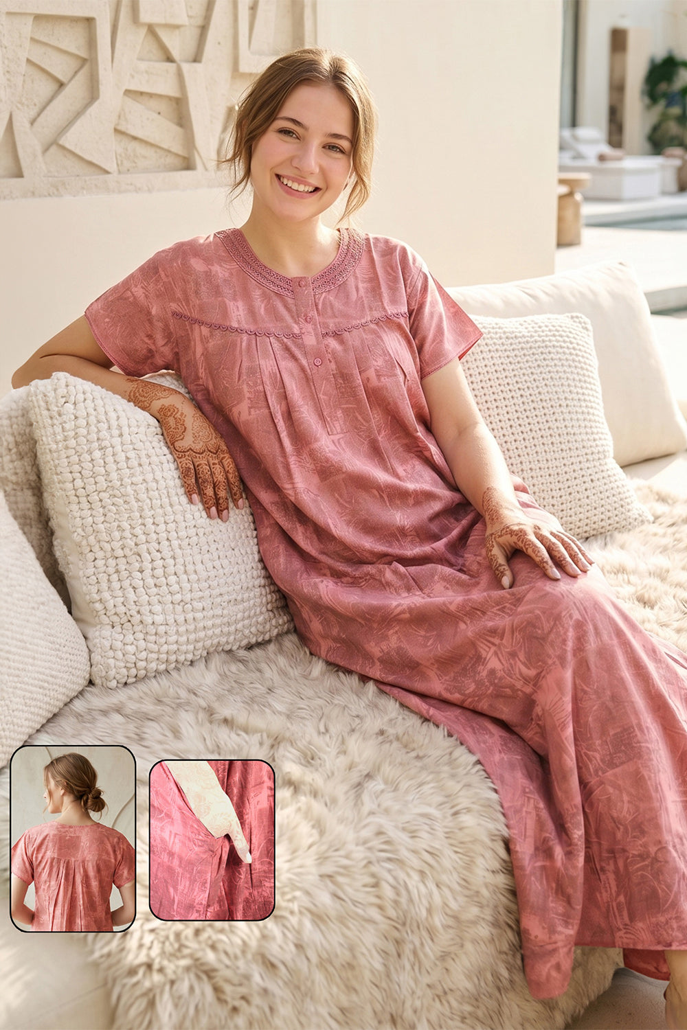 Women's Bizzy Lizzy Poly Viscose Printed Nighty | Round Neck Short Sleeve Full Length Night Gown for Women | Relax Fit Premium Sleepwear - 2487