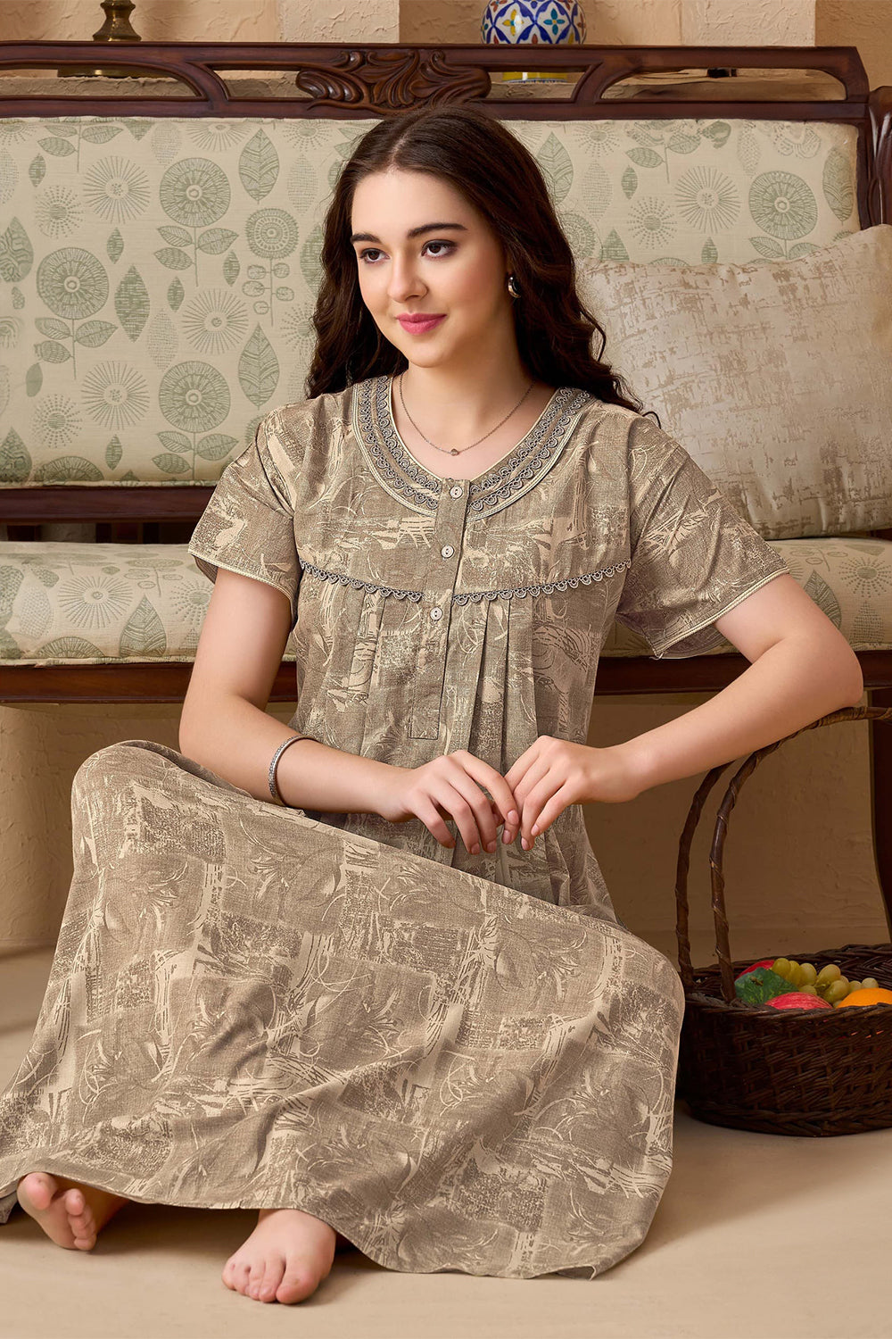 Women's Bizzy Lizzy Poly Viscose Printed Nighty | Round Neck Short Sleeve Full Length Night Gown for Women | Relax Fit Premium Sleepwear - 2487
