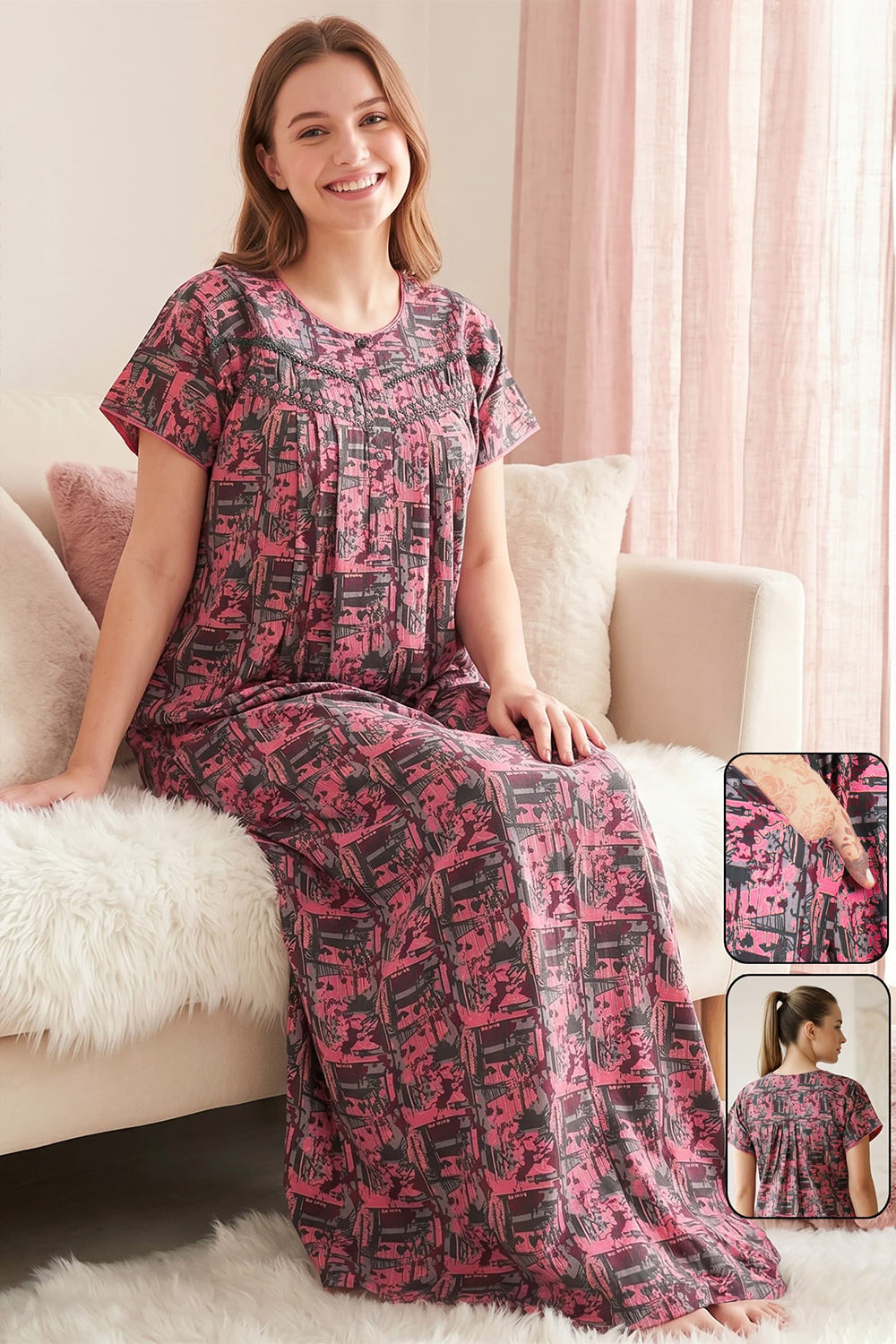 Women's Bizzy Lizzy Poly Viscose Printed Nighty | Round Neck Short Sleeve Full Length Night Gown for Women | Relax Fit Premium Sleepwear - 2492