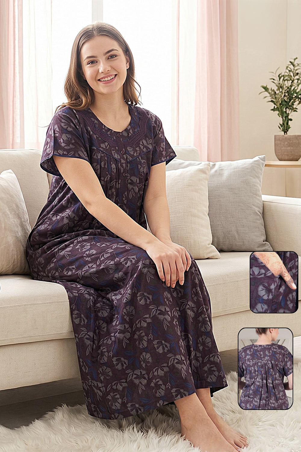 Women's Bizzy Lizzy Poly Viscose Printed Nighty | Round Neck Short Sleeve Full Length Night Gown for Women | Relax Fit Premium Sleepwear - 2495