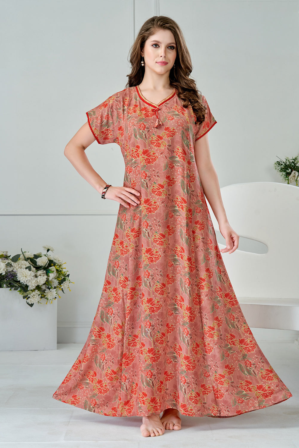 Women’s Pure Cotton Prints A-Line Nighty | Full Length Round Neck Night Dress with Short Sleeve | Regular Fit Sleepwear, Home Wear & Loungewear
