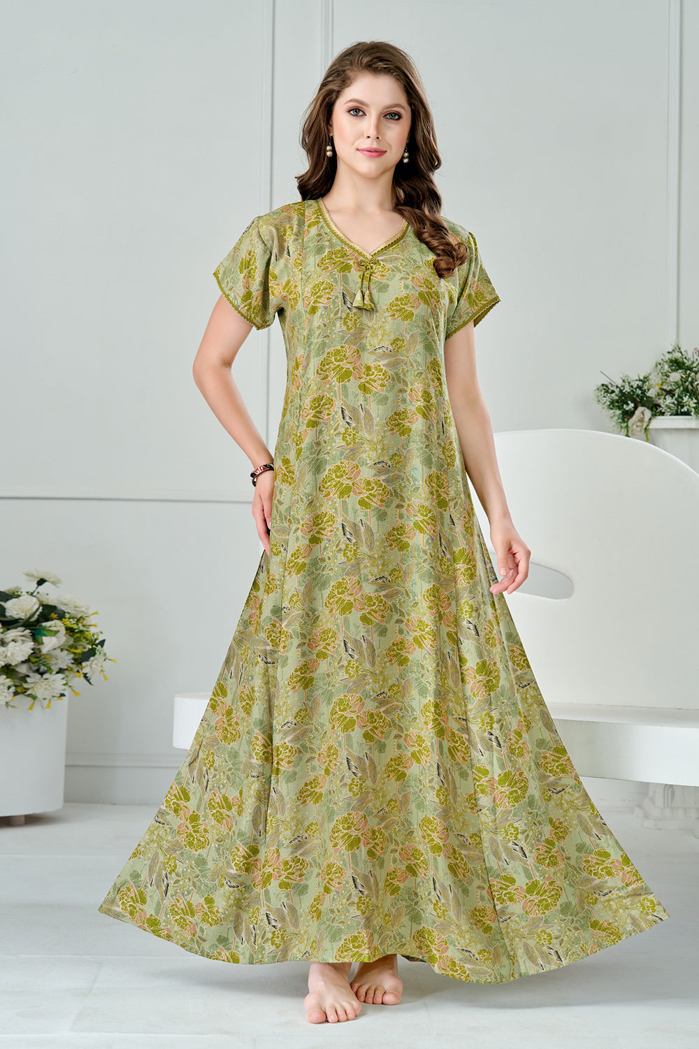 Women’s Pure Cotton Prints A-Line Nighty | Full Length Round Neck Night Dress with Short Sleeve | Regular Fit Sleepwear, Home Wear & Loungewear