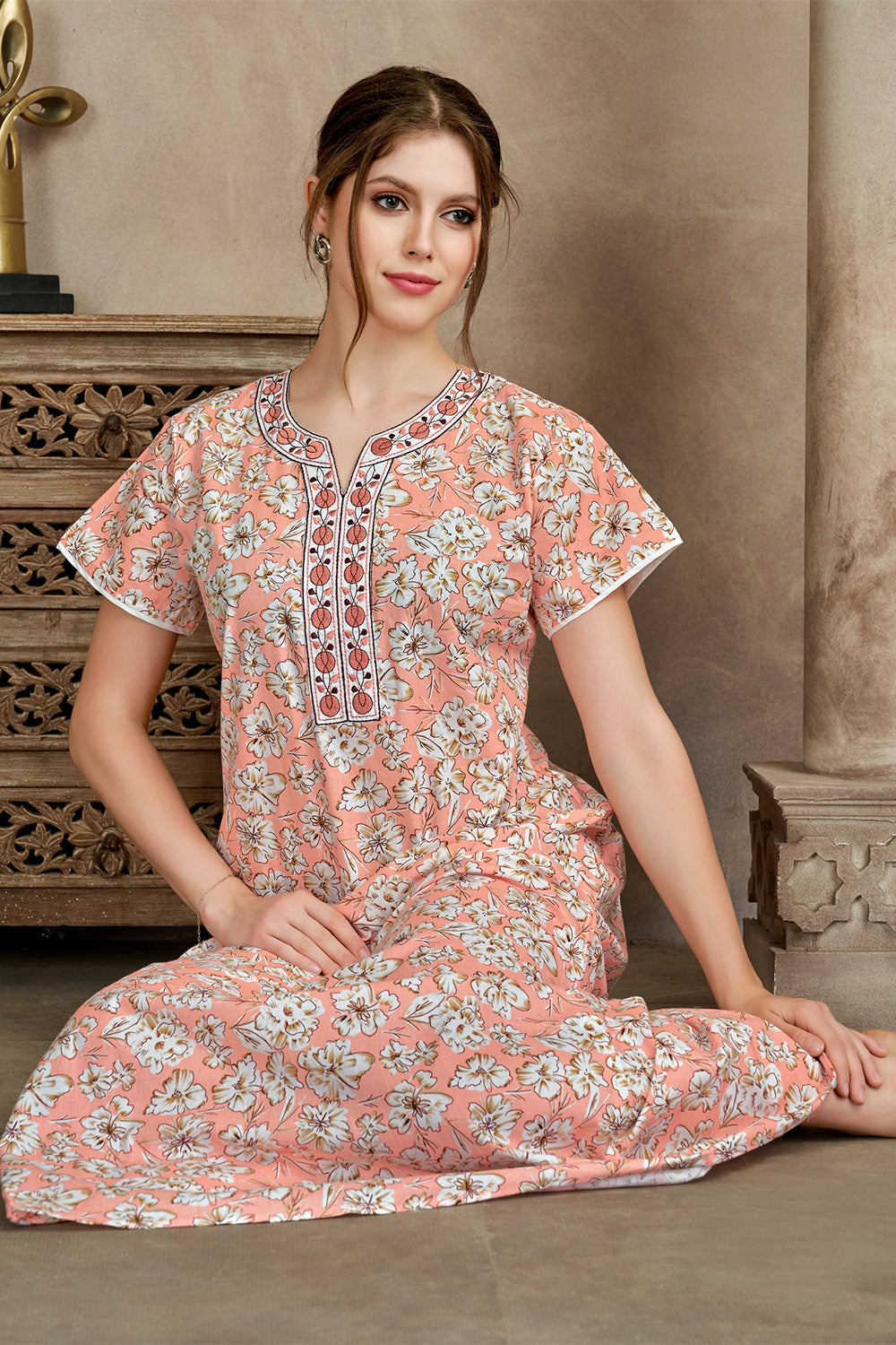 Women’s Cotton Blend Prints A-Line Nighty | Full Length Round Neck Night Dress with Short Sleeve | Regular Fit Sleepwear, Home Wear & Loungewear