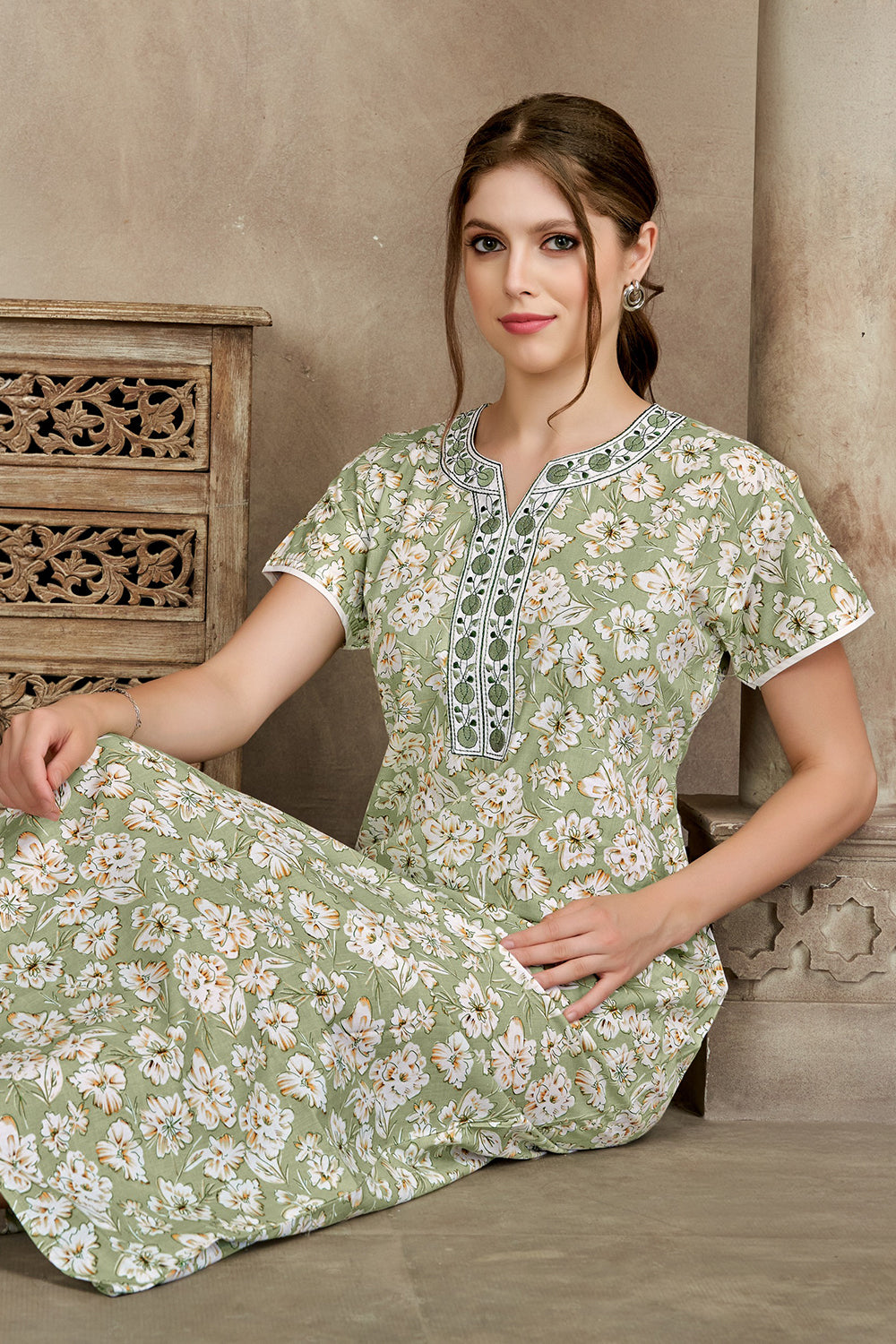Women’s Cotton Blend Prints A-Line Nighty | Full Length Round Neck Night Dress with Short Sleeve | Regular Fit Sleepwear, Home Wear & Loungewear