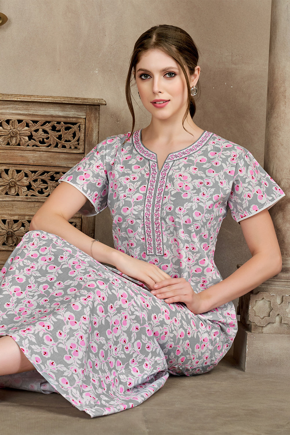 Women’s Pure Cotton Printed Nighty | Full Length A-Line Cotton Night Dress with Round Neck & Short Sleeves | Regular Fit Daily Wear Sleepwear & Loungewear - 2508
