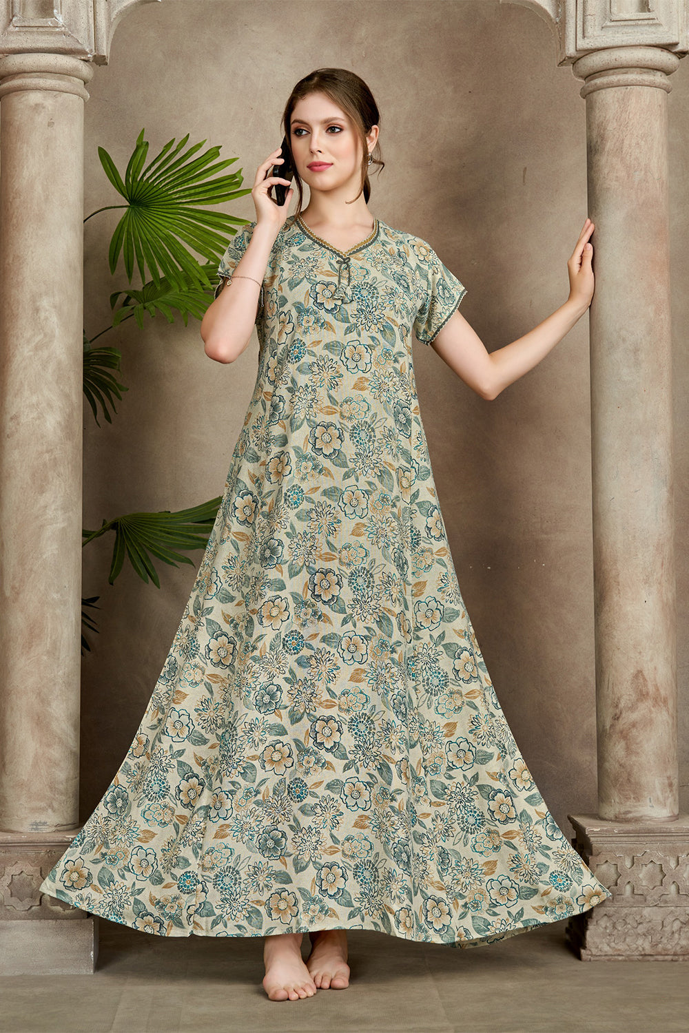 Women’s Pure Cotton Prints A-Line Nighty | Full Length Round Neck Night Dress with Short Sleeve | Regular Fit Sleepwear, Home Wear & Loungewear