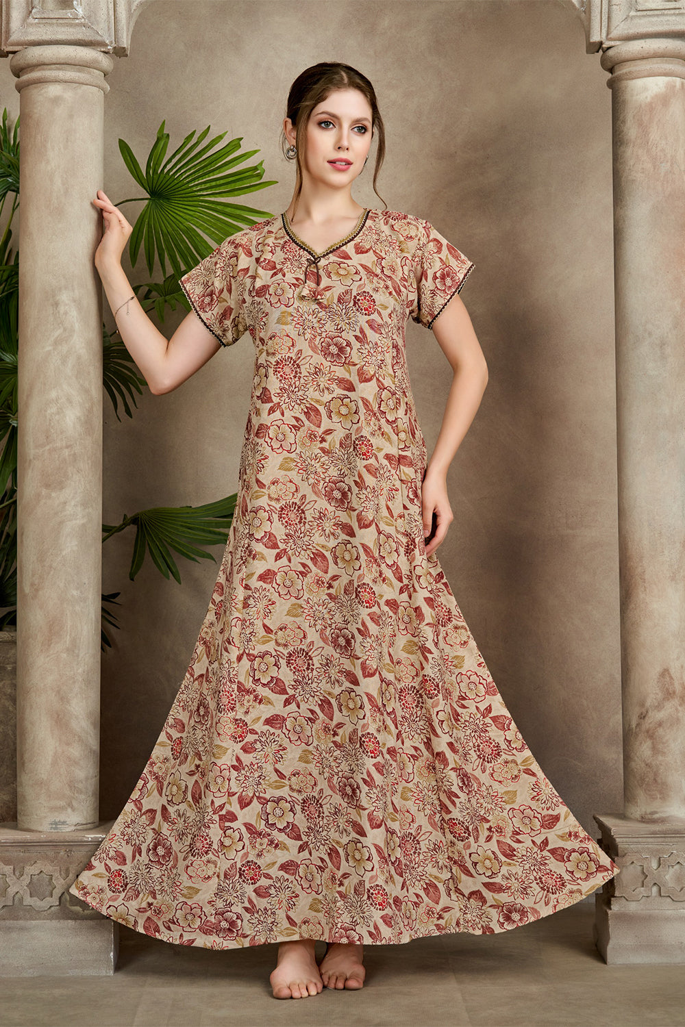 Women’s Pure Cotton Prints A-Line Nighty | Full Length Round Neck Night Dress with Short Sleeve | Regular Fit Sleepwear, Home Wear & Loungewear