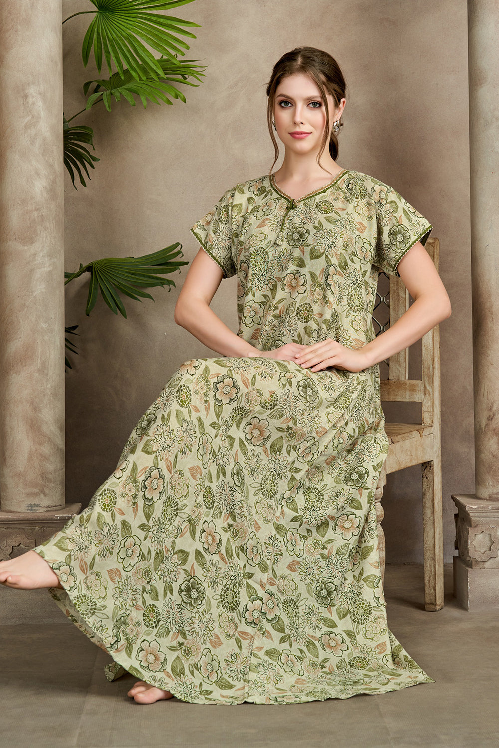Women’s Pure Cotton Prints A-Line Nighty | Full Length Round Neck Night Dress with Short Sleeve | Regular Fit Sleepwear, Home Wear & Loungewear