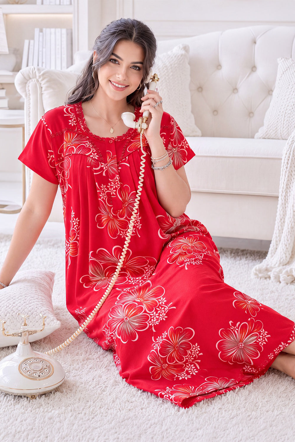 Women’s Pure Cotton Prints Pleated Nighty | Full Length Round Neck Night Dress with Short Sleeve | Relax Fit Sleepwear, Home Wear & Loungewear