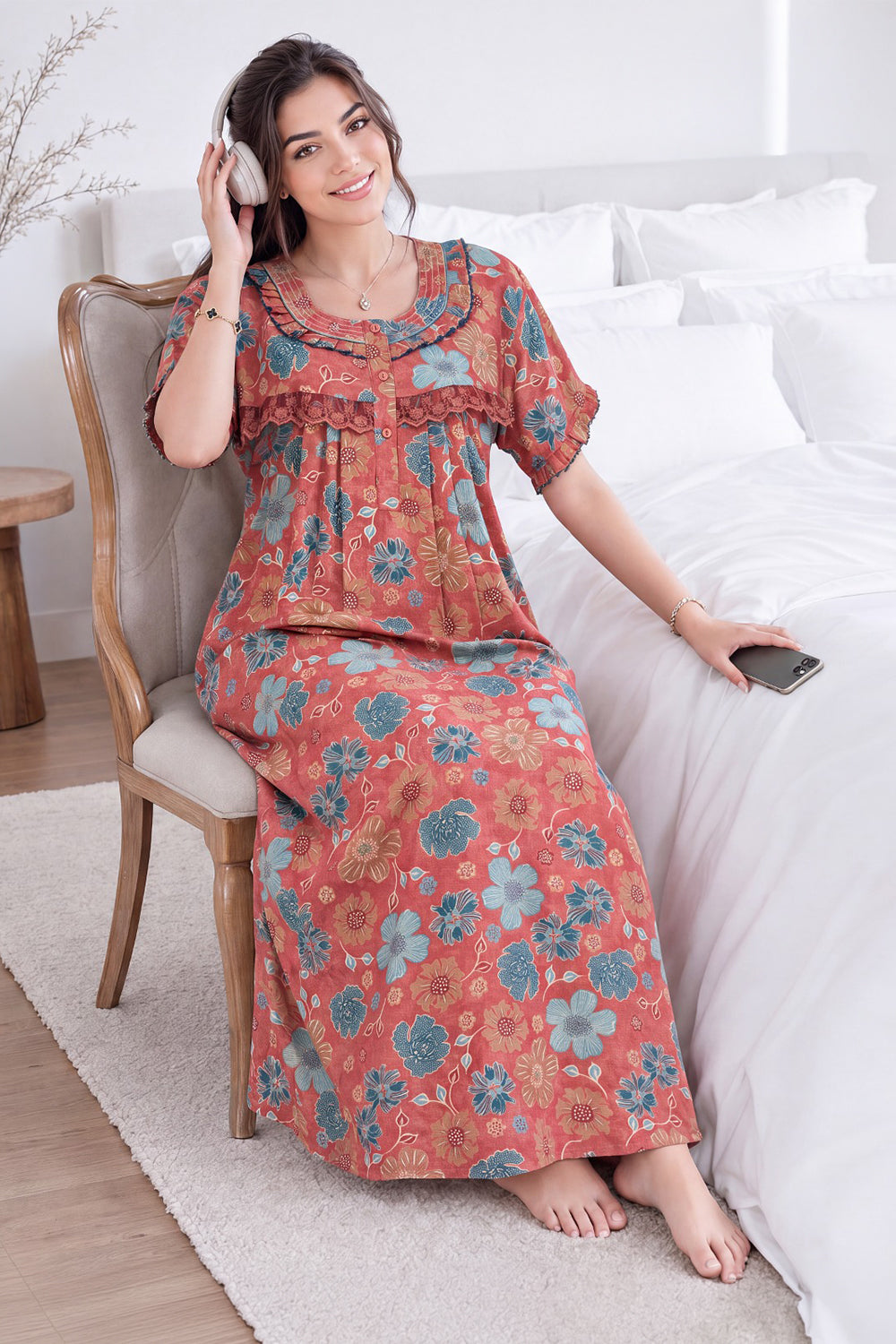 Women’s Pure Cotton Prints Pleated Nighty | Full Length Round Neck Night Dress with Short Sleeve | Relax Fit Sleepwear, Home Wear & Loungewear