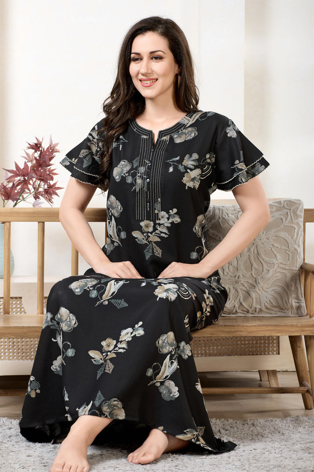 Women’s Cotton Blend Printed Nighty | Full Length A-Line Night Dress with Round Neck & Short Sleeves | Regular Fit Daily Wear Sleepwear & Loungewear - 2581