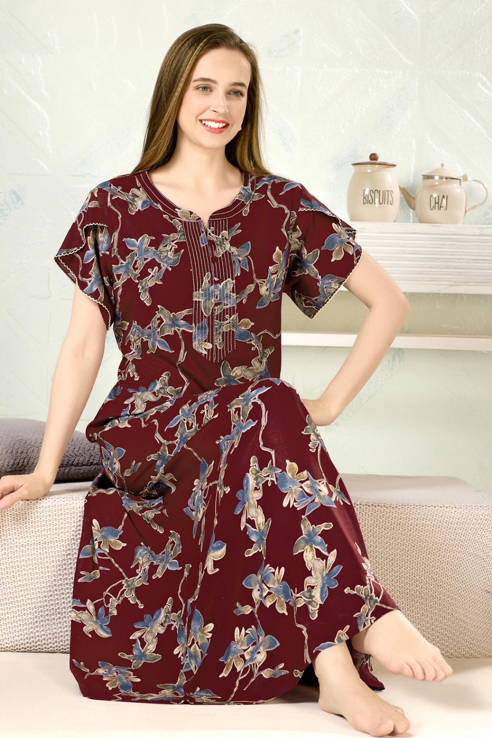 Women’s Cotton Blend Printed Nighty | Full Length A-Line Night Dress with Round Neck & Short Sleeves | Regular Fit Daily Wear Sleepwear & Loungewear - 2588