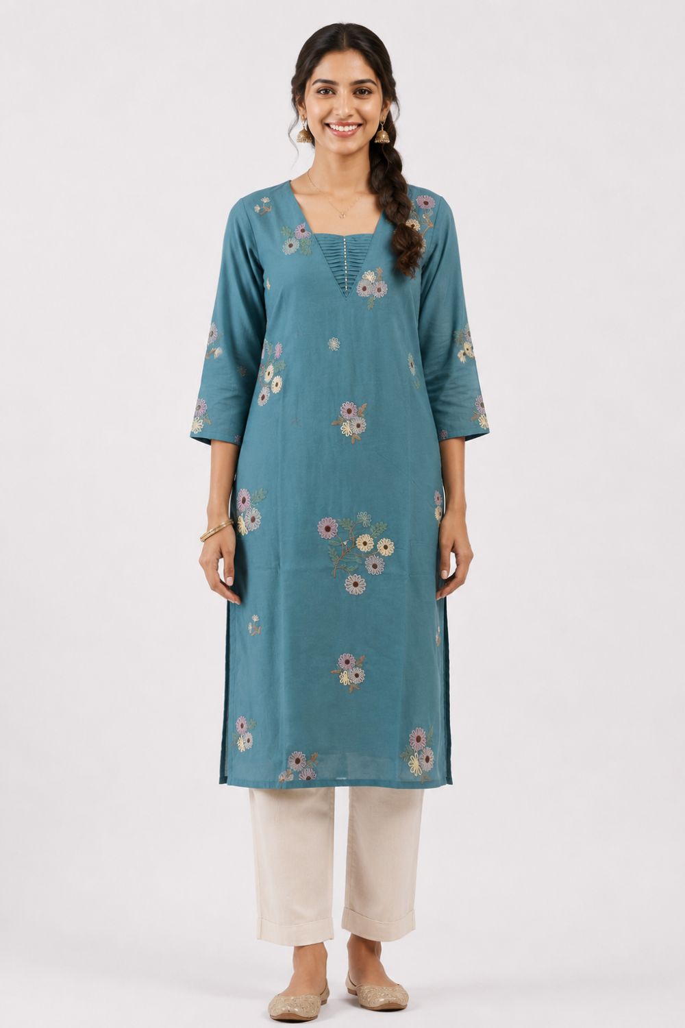 Women's Cotton Flax Embroidered Kurti | V-Neck Pintuck Kurti for Women | Regular Fit Everyday Ethnic Wear with All Over Embroidery - 1396