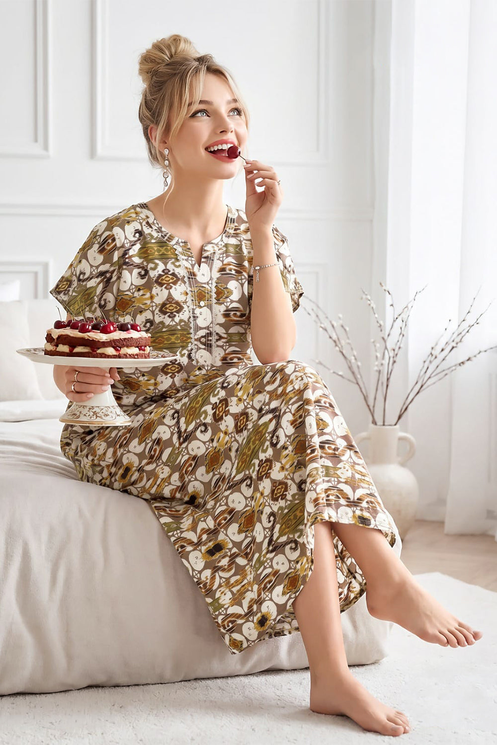Women’s Cotton Blend Prints A-Line Nighty | Full Length Round Neck Night Dress with Short Sleeve | Regular Fit Sleepwear, Home Wear & Loungewear