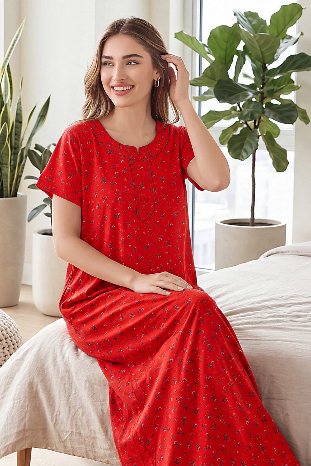 Women’s Cotton Nighty | Relaxed Fit Short Sleeve Night Dress for Women | Comfortable Everyday Nightwear | 1095-2788