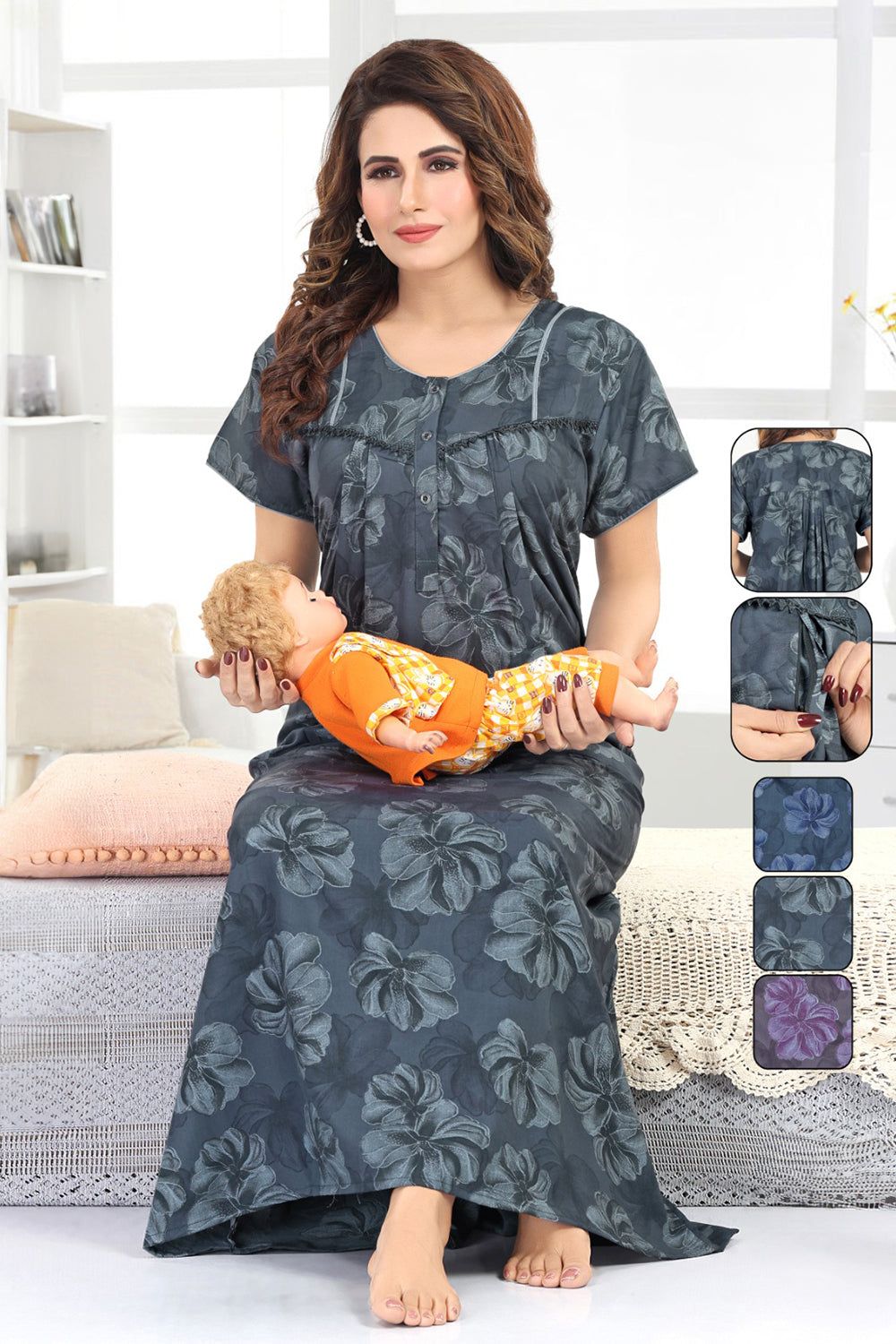 Women's Feeding Nighty | Poly Viscose Printed Maternity Nighty with Front Feeding Zip | Round Neck Short Sleeve Full Length Nursing Night Gown - 2854