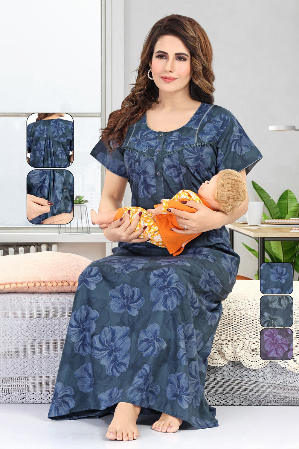 Women's Feeding Nighty | Poly Viscose Printed Maternity Nighty with Front Feeding Zip | Round Neck Short Sleeve Full Length Nursing Night Gown - 2854