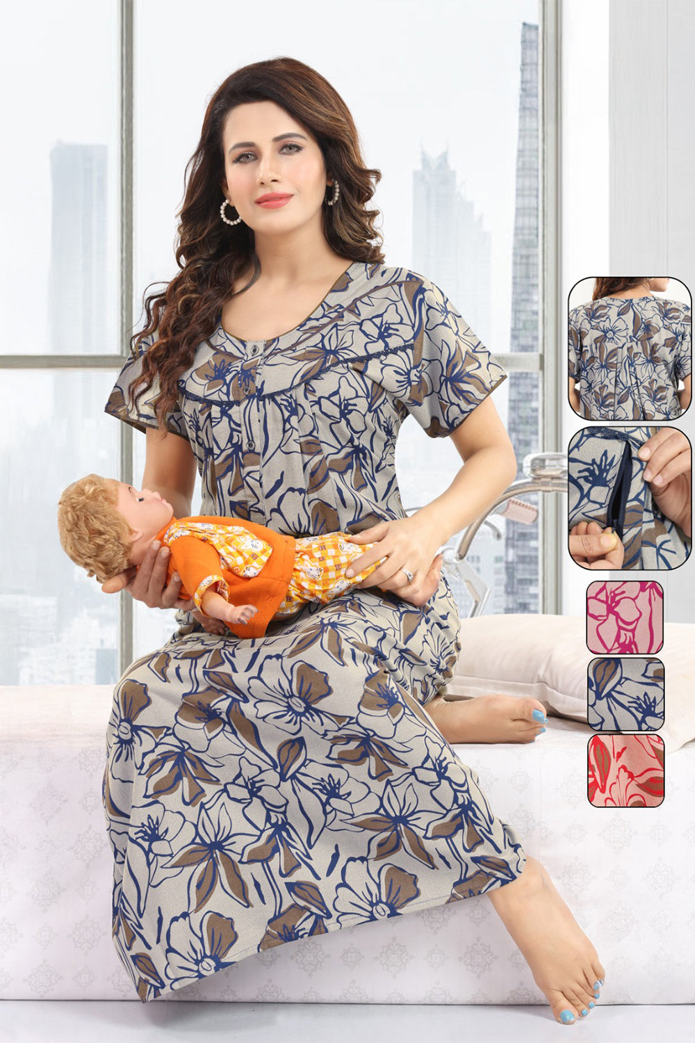 Women’s Cotton Blend Feeding Nighty | Printed Full Length Nursing Night Dress with Round Neck & Short Sleeves | Regular Fit Maternity & Feeding Nightwear - 2878