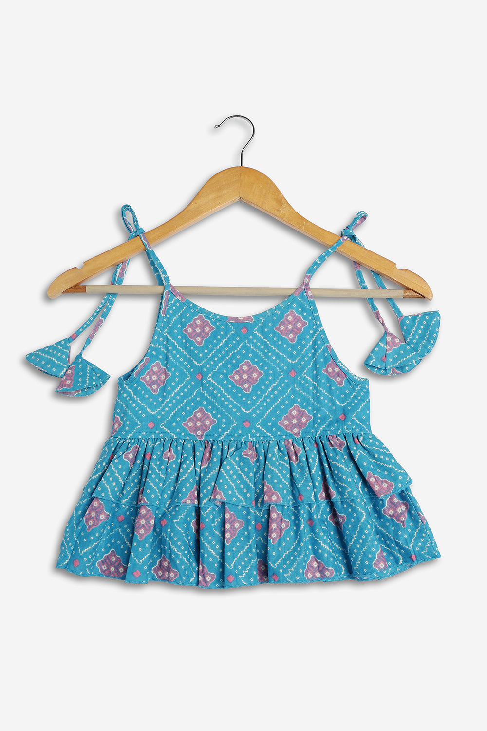 Chittythali Girls Cotton Bandhani Pavadai Set | Layered Peplum Top & Kali Skirt | Traditional Ethnic Pattu Pavadai Style Dress for Girls - PS26