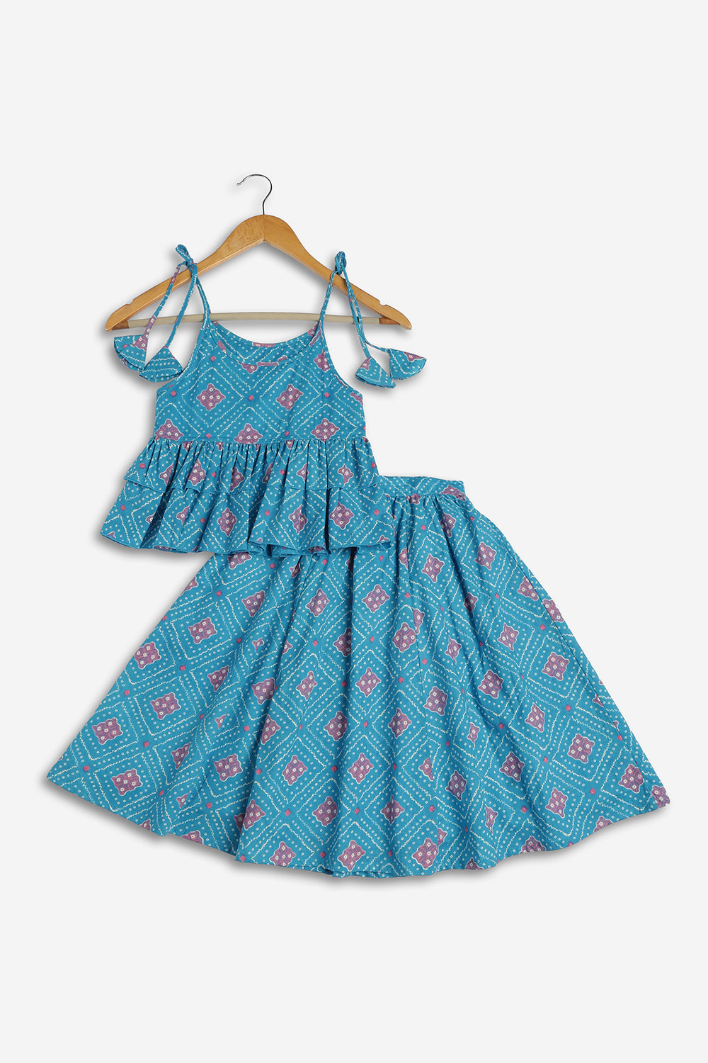 Chittythali Girls Cotton Bandhani Pavadai Set | Layered Peplum Top & Kali Skirt | Traditional Ethnic Pattu Pavadai Style Dress for Girls - PS26