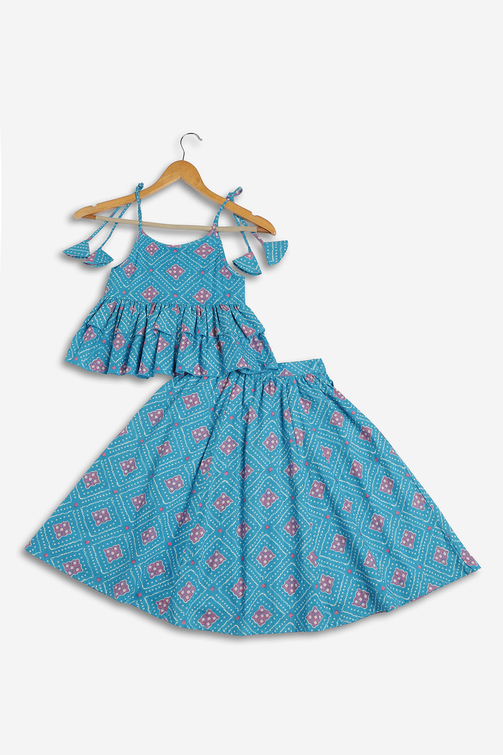 Chittythali Girls Cotton Bandhani Pavadai Set | Layered Peplum Top & Kali Skirt | Traditional Ethnic Pattu Pavadai Style Dress for Girls - PS26