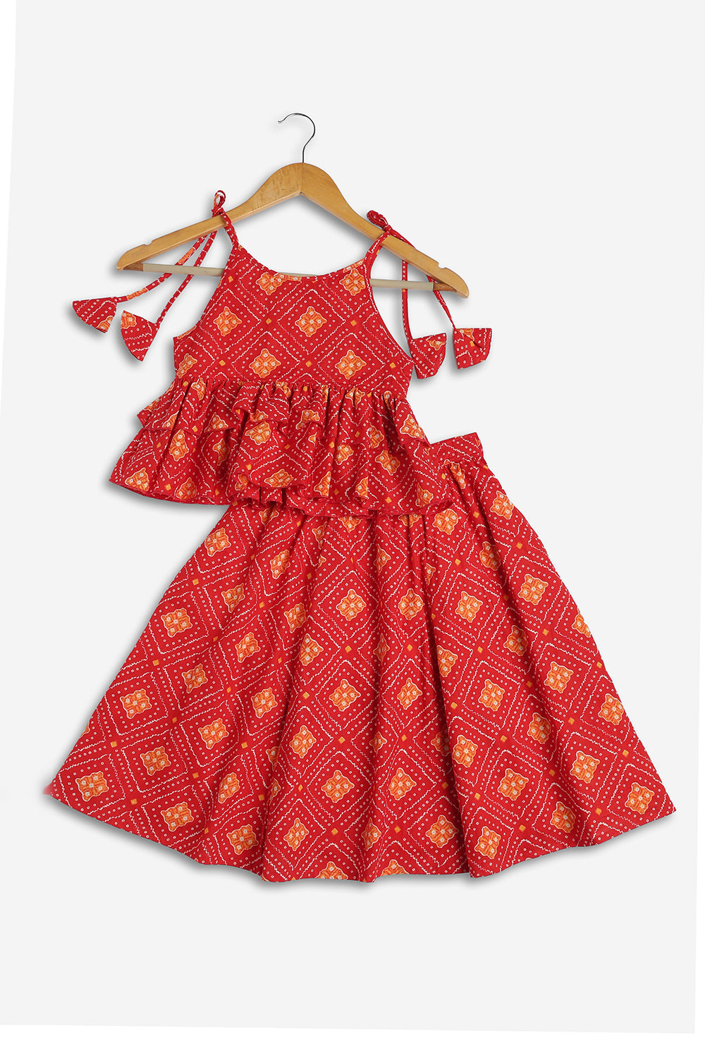 Chittythali Girls Cotton Bandhani Pavadai Set | Layered Peplum Top & Kali Skirt | Traditional Ethnic Pattu Pavadai Style Dress for Girls - PS26