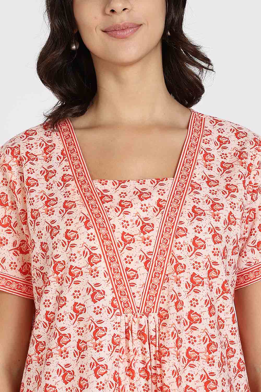 Naidu Hall Women's Full-Length Cotton Nighty – V-Neck with Contrast Patchwork & Floral Butta Print - Orange - NA38