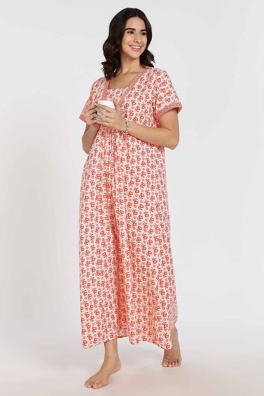Naidu Hall Women's Full-Length Cotton Nighty – V-Neck with Contrast Patchwork & Floral Butta Print - Orange - NA38