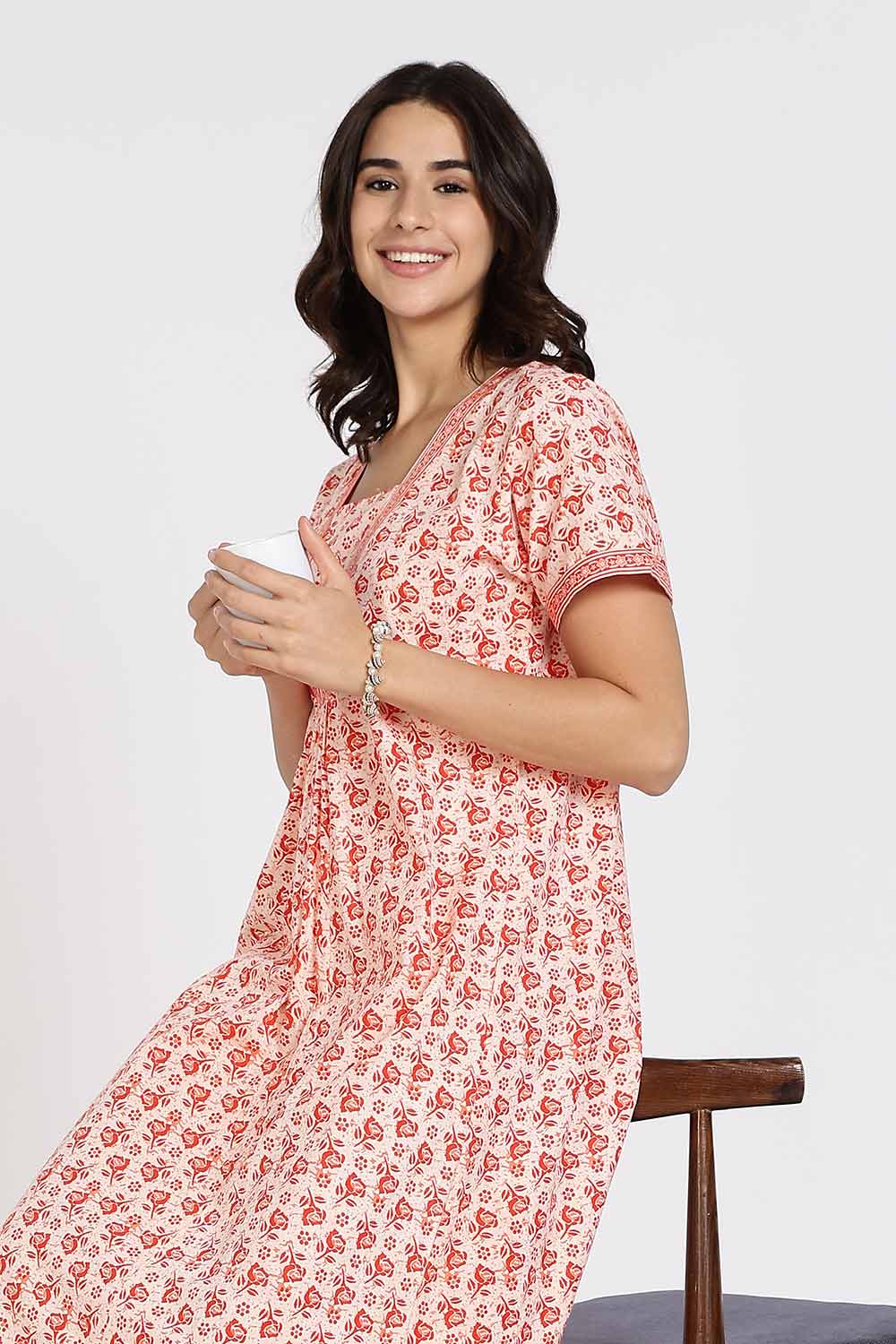 Naidu Hall Women's Full-Length Cotton Nighty – V-Neck with Contrast Patchwork & Floral Butta Print - Orange - NA38